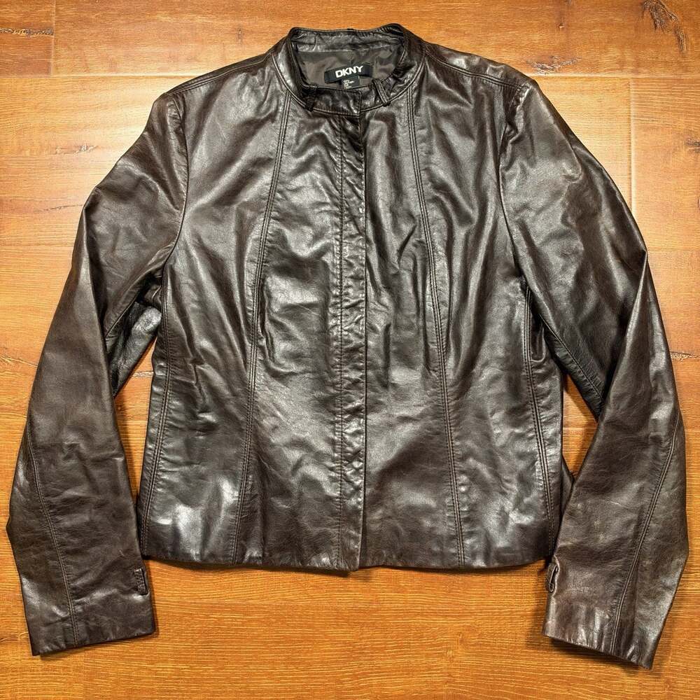 DKNY Cafe Racer Leather Jacket Womens M Brown Full Zip Motorcycle Moto Designer